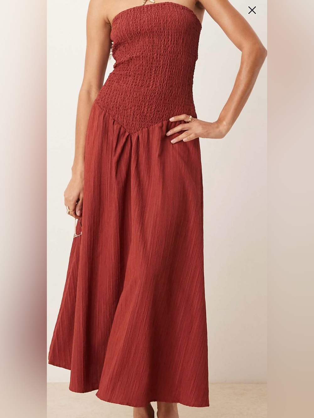 ASOS DESIGN crinkle bandeau maxi dress in burgundy